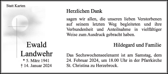Traueranzeige von Ewald Landwehr von Die Glocke