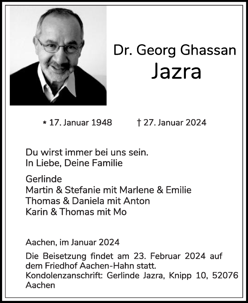  Traueranzeige für Georg Ghassan Jazra vom 03.02.2024 aus Die Glocke