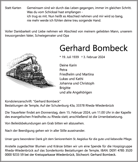 Traueranzeige von Gerhard Bombeck von Die Glocke