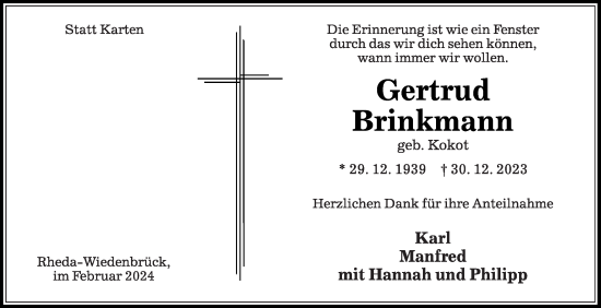 Traueranzeige von Gertrud Brinkmann von Die Glocke