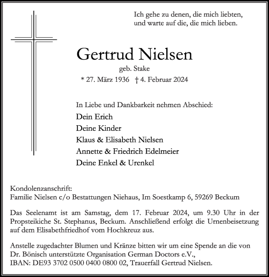 Traueranzeige von Gertrud Nielsen von Die Glocke