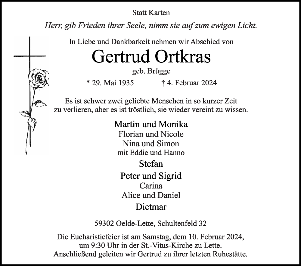 Traueranzeige für Gertrud Ortkras vom 07.02.2024 aus Die Glocke