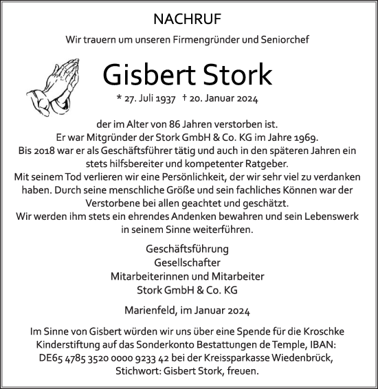 Traueranzeige von Gisbert Stork von Die Glocke