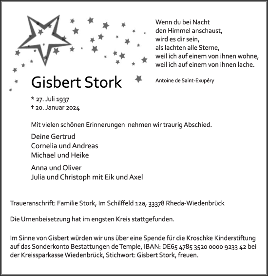 Traueranzeige von Gisbert Stork von Die Glocke