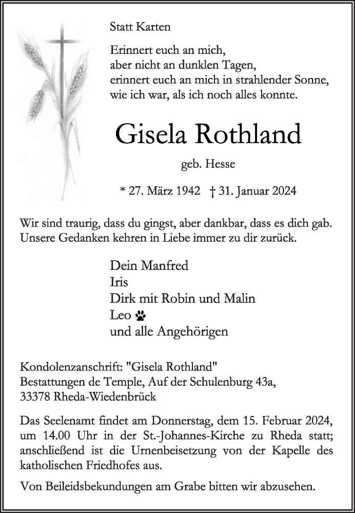  Traueranzeige für Gisela Rothland vom 08.02.2024 aus Die Glocke