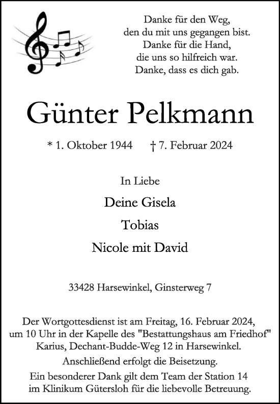 Traueranzeige von Günter Pelkmann von Die Glocke