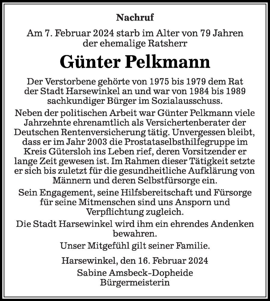  Traueranzeige für Günter Pelkmann vom 16.02.2024 aus Die Glocke
