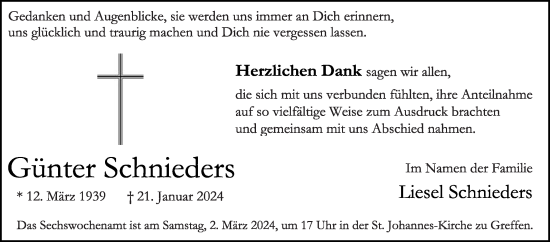 Traueranzeige von Günter Schnieders von Die Glocke