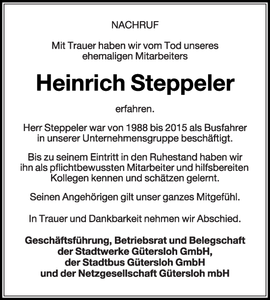 Traueranzeige von Heinrich Steppeler von Die Glocke