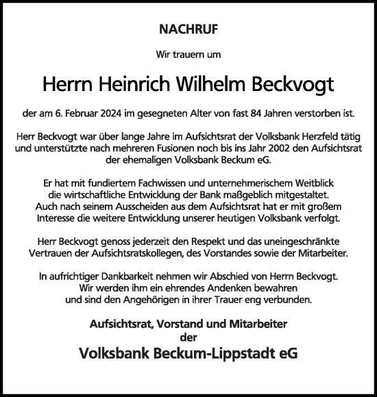 Traueranzeige von Heinrich Wilhelm Beckvogt von Die Glocke