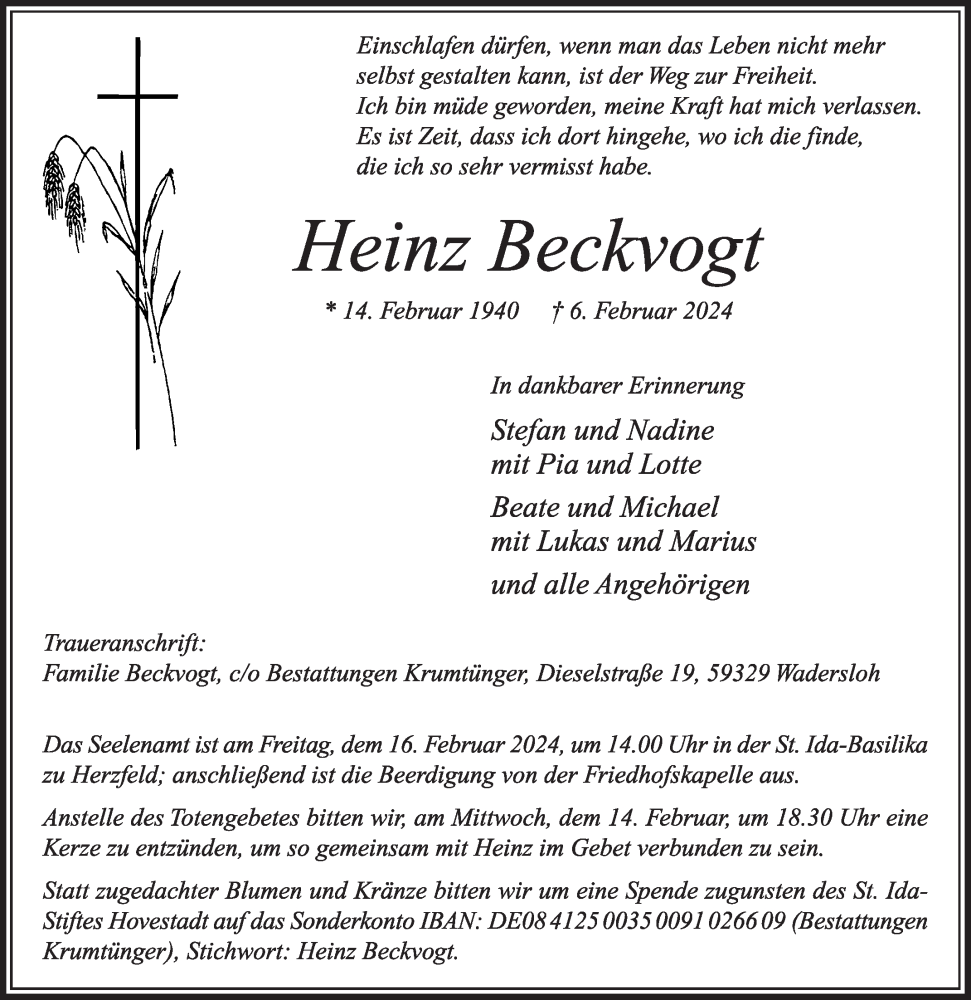  Traueranzeige für Heinz Beckvogt vom 10.02.2024 aus Die Glocke