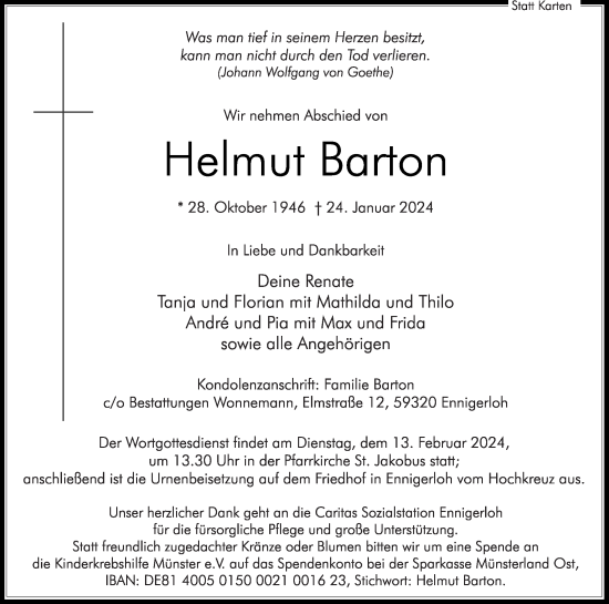 Traueranzeige von Helmut Barton von Die Glocke