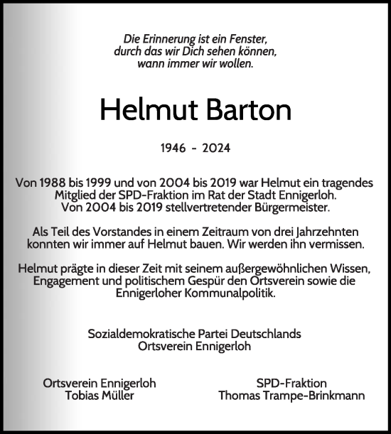 Traueranzeige von Helmut Barton von Die Glocke