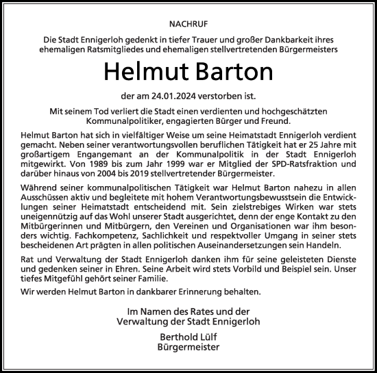 Traueranzeige von Helmut Barton von Die Glocke