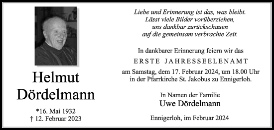 Traueranzeige von Helmut Dördelmann von Die Glocke
