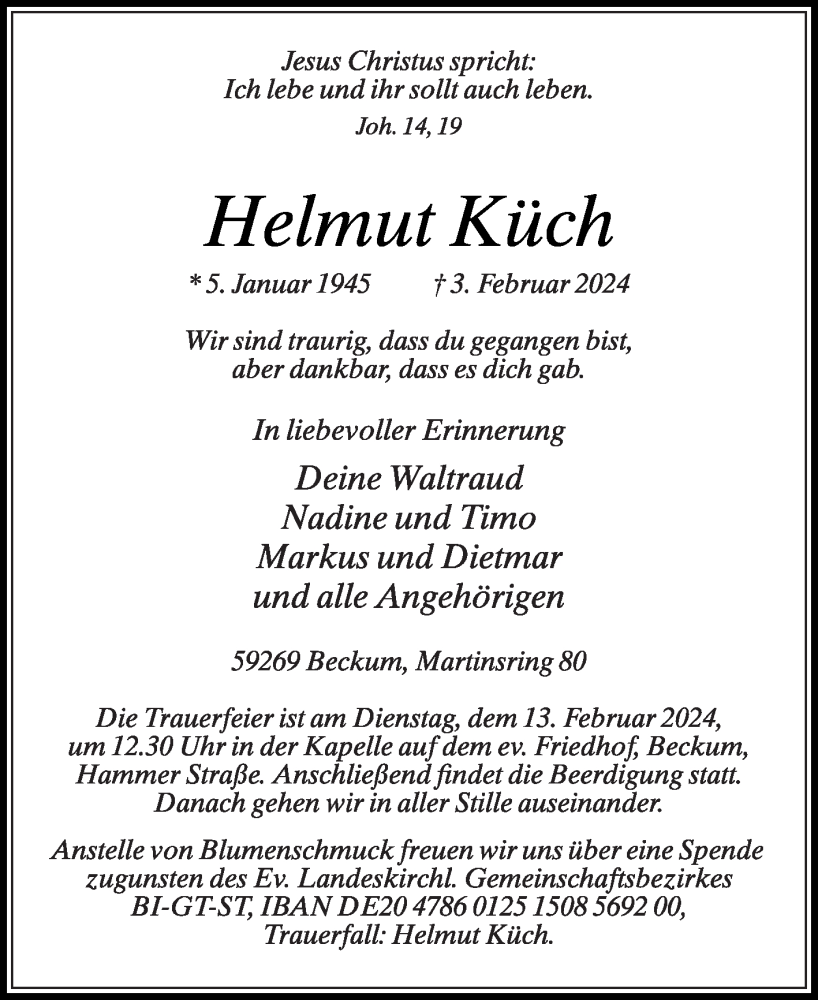  Traueranzeige für Helmut Küch vom 10.02.2024 aus Die Glocke