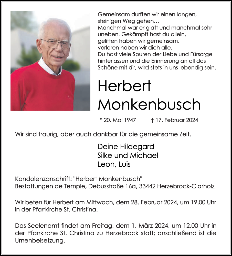  Traueranzeige für Herbert Monkenbusch vom 24.02.2024 aus Die Glocke