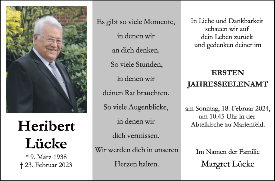 Traueranzeige von Heribert Lücke von Die Glocke