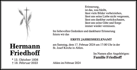 Traueranzeige von Hermann Friedhoff von Die Glocke