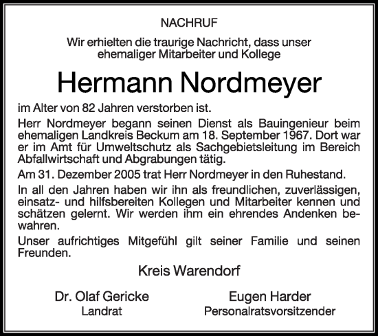 Traueranzeige von Hermann Nordmeyer von Die Glocke