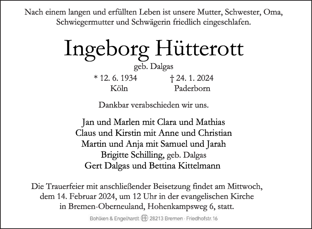  Traueranzeige für Ingeborg Hütterott vom 03.02.2024 aus Die Glocke