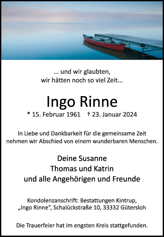 Traueranzeige von Ingo Rinne von Die Glocke