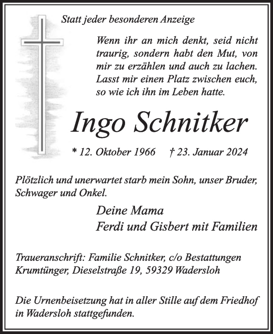 Traueranzeige von Ingo Schnitker von Die Glocke