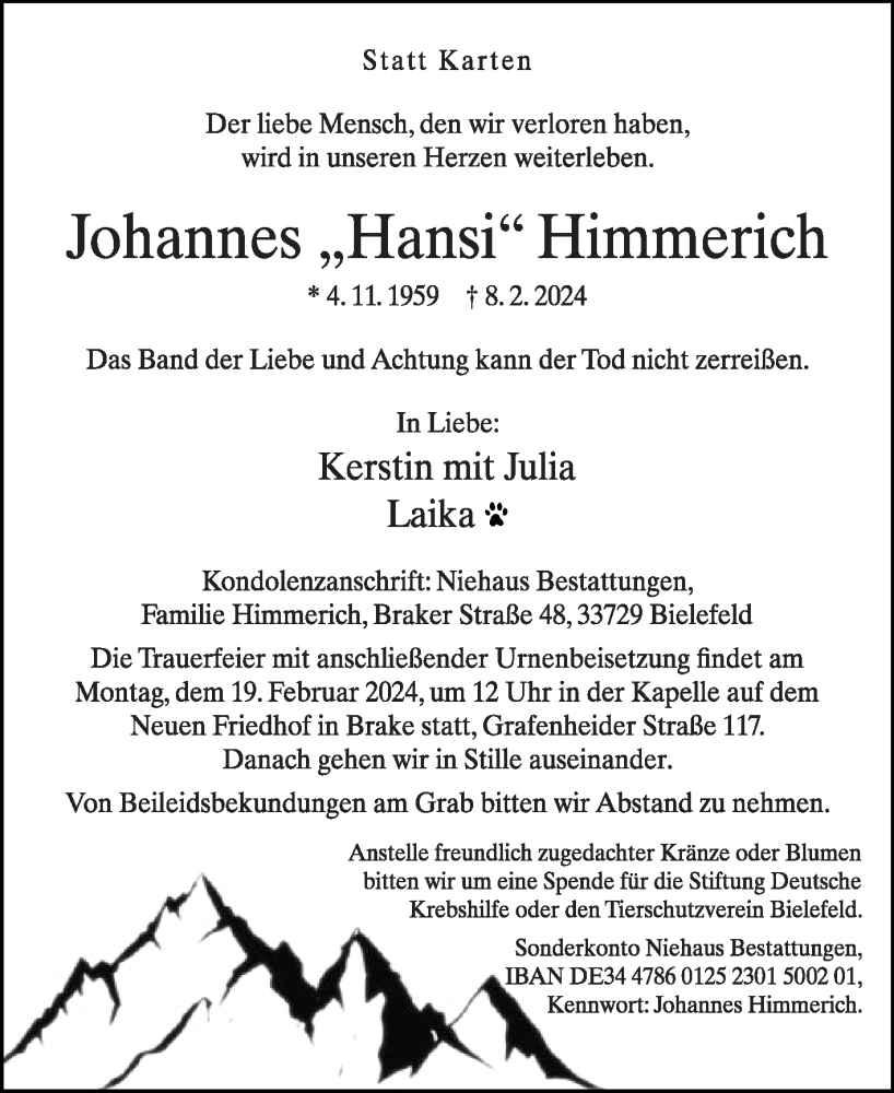  Traueranzeige für Johannes  Himmerich vom 14.02.2024 aus Die Glocke