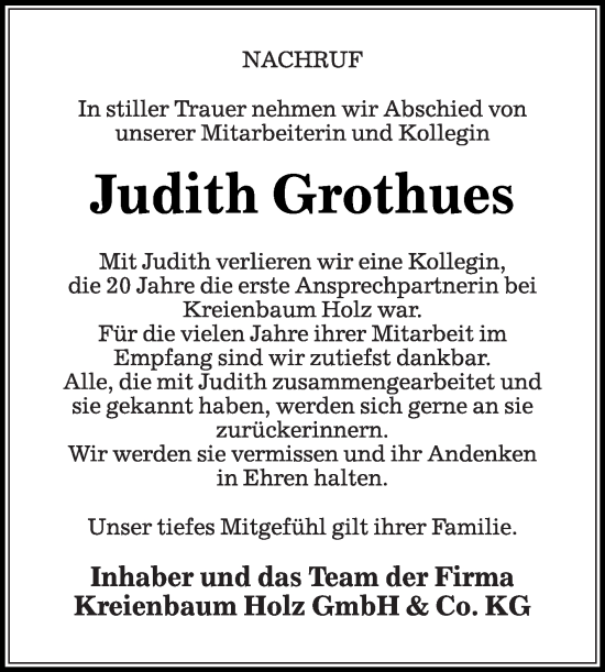 Traueranzeige von Judith Grothues von Die Glocke