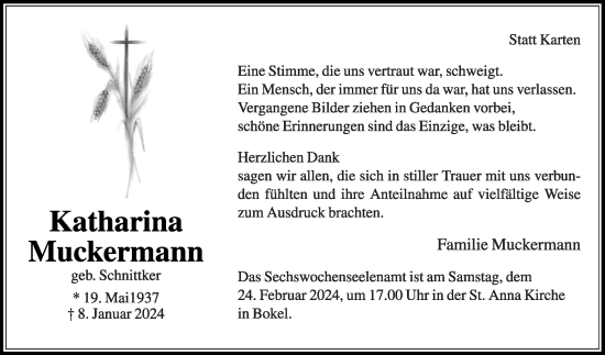 Traueranzeige von Katharina Muckermann von Die Glocke