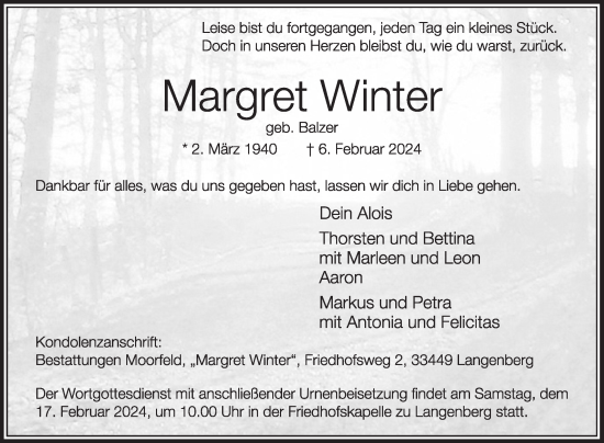 Traueranzeige von Margret Winter von Die Glocke