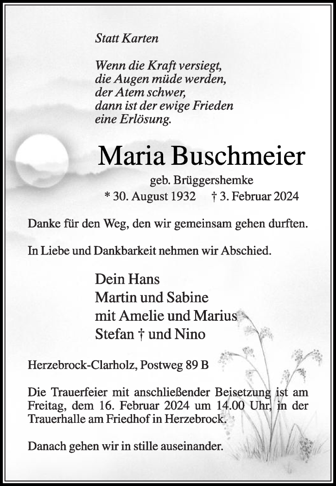  Traueranzeige für Maria Buschmeier vom 10.02.2024 aus Die Glocke