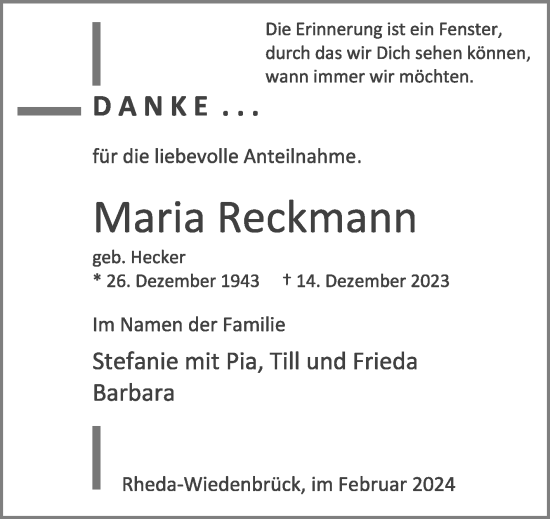 Traueranzeige von Maria Reckmann von Die Glocke