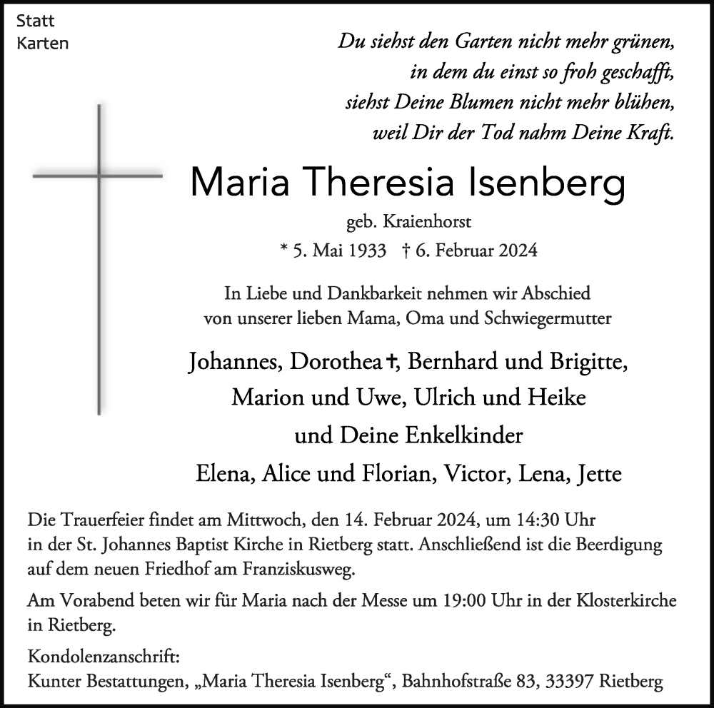  Traueranzeige für Maria Theresia Isenberg vom 10.02.2024 aus Die Glocke