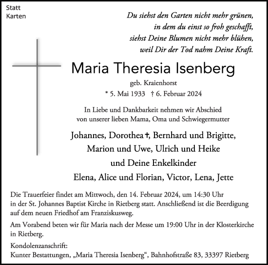 Traueranzeige von Maria Theresia Isenberg von Die Glocke
