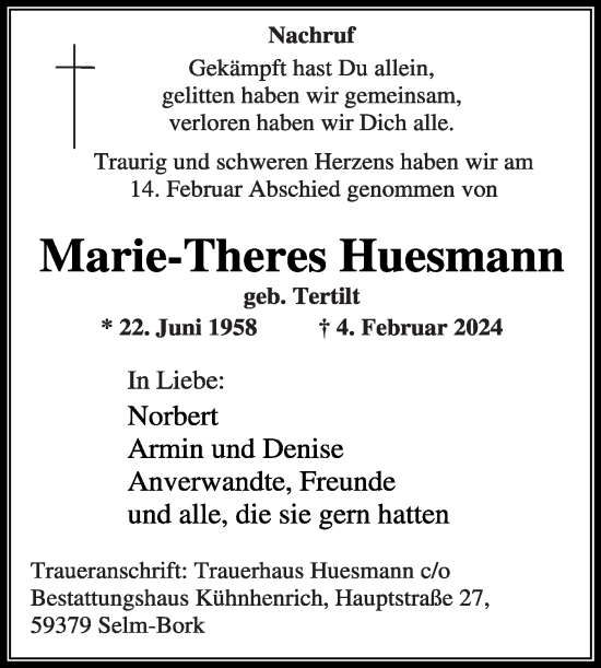 Traueranzeige von Marie-Theres Huesmann von Die Glocke