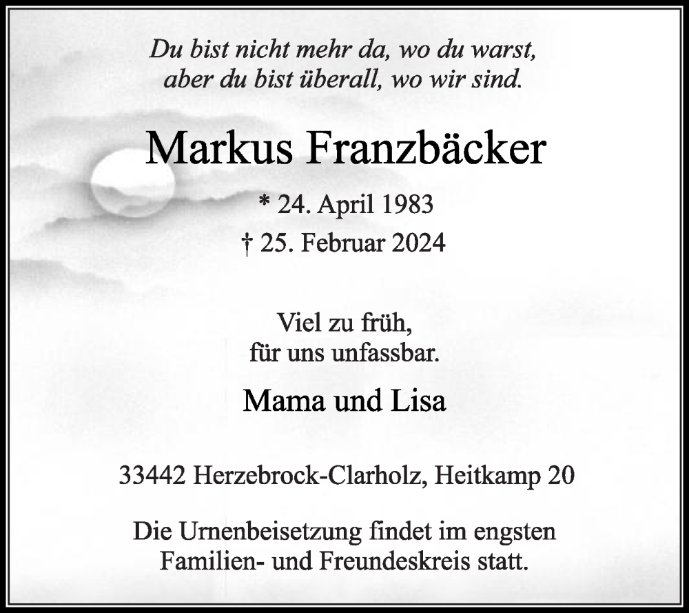  Traueranzeige für Markus Franzbäcker vom 28.02.2024 aus Die Glocke