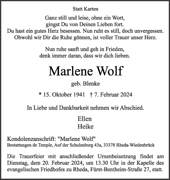 Traueranzeige von Marlene Wolf von Die Glocke