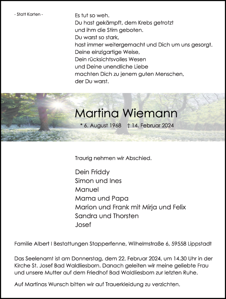  Traueranzeige für Martina Wiemann vom 17.02.2024 aus Die Glocke