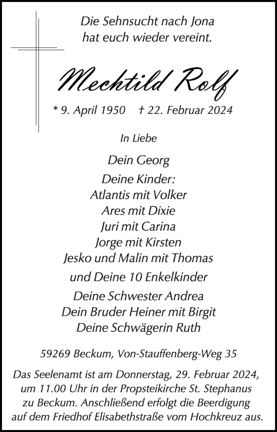 Traueranzeige von Mechthild Rolf von Die Glocke