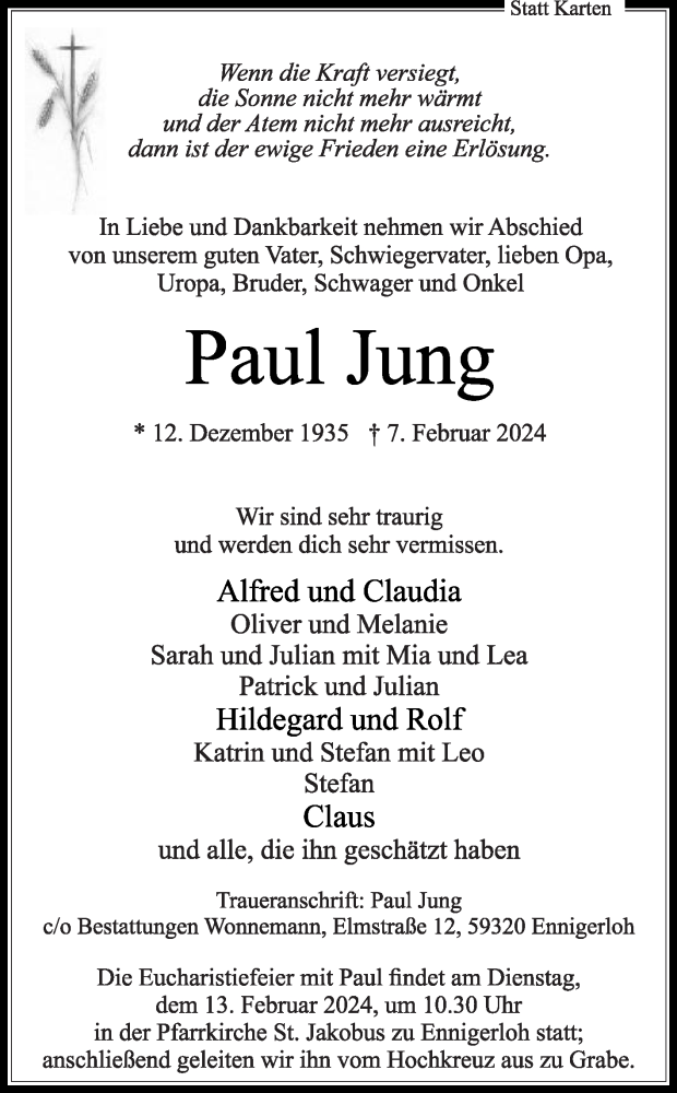  Traueranzeige für Paul Jung vom 10.02.2024 aus Die Glocke