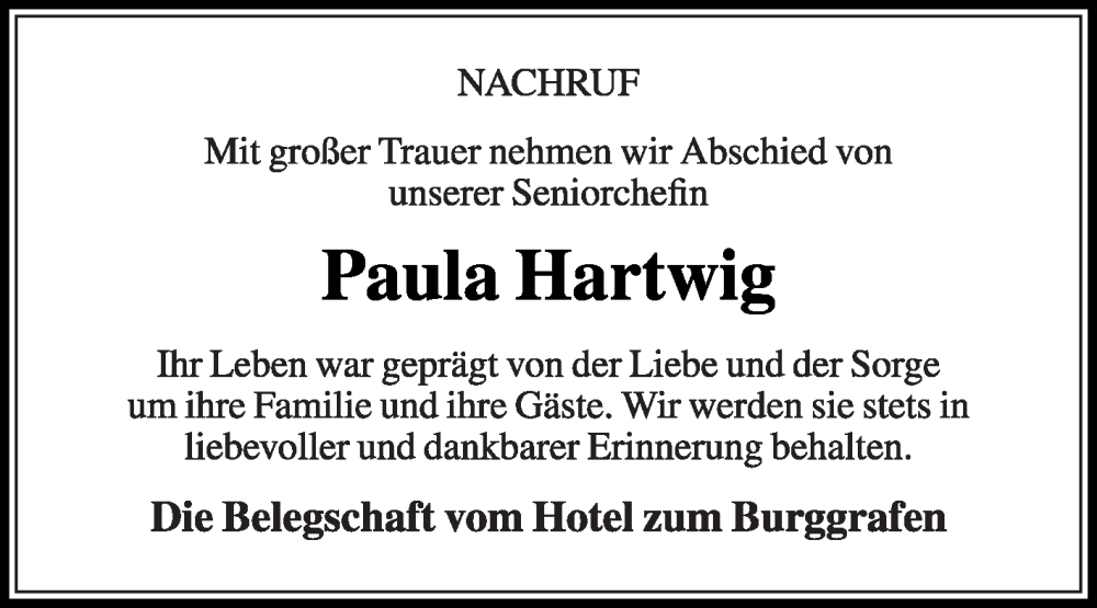  Traueranzeige für Paula Hartwig vom 24.02.2024 aus Die Glocke