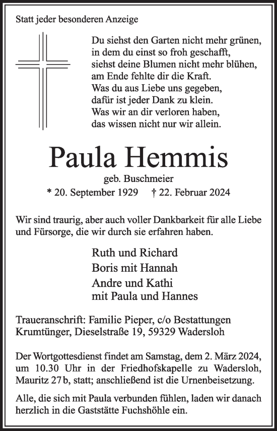 Traueranzeige von Paula Hemmis von Die Glocke