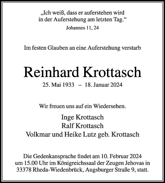 Traueranzeige von Reinhard Krottasch von Die Glocke