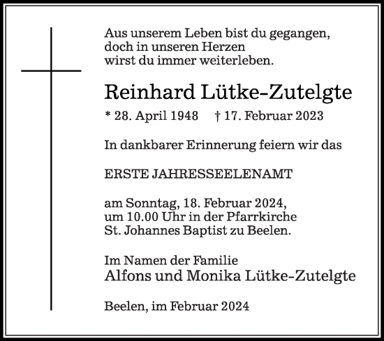 Traueranzeige von Reinhard Lütke-Zutelgte von Die Glocke