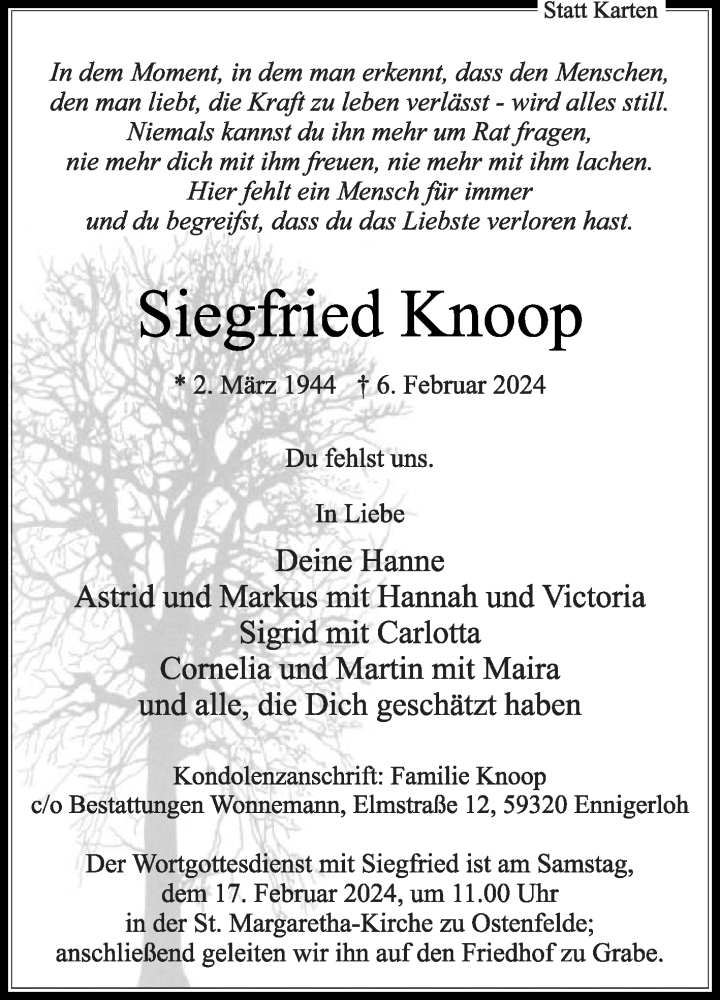  Traueranzeige für Siegfried Knoop vom 10.02.2024 aus Die Glocke