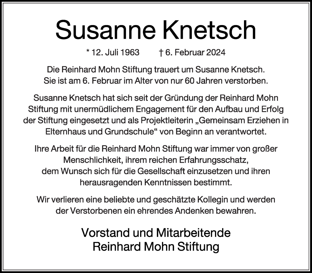  Traueranzeige für Susanne Knetsch vom 10.02.2024 aus Die Glocke