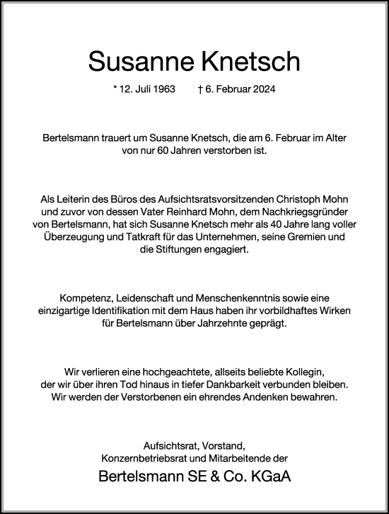 Traueranzeige von Susanne Knetsch von Die Glocke