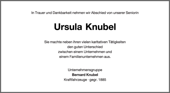 Traueranzeige von Ursula Knubel von Die Glocke