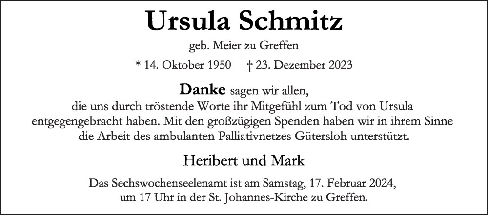  Traueranzeige für Ursula Schmitz vom 10.02.2024 aus Die Glocke